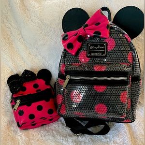 Disney Loungefly sequined backpack black and hot pink with matching wristlet